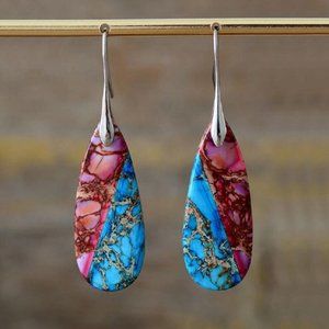 Natural Galaxy Sea Sediment Jasper Stone Oval Dangle Earrings